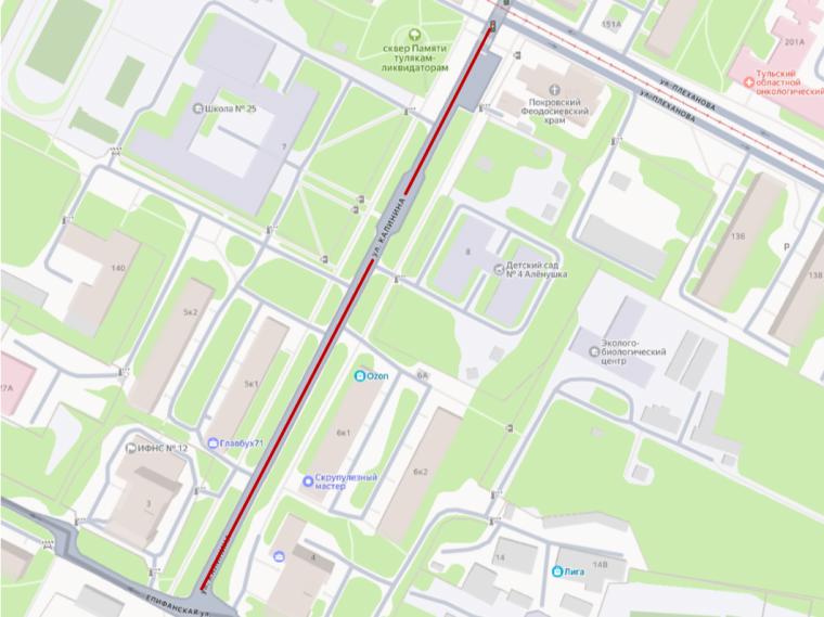 В Туле с 24 на 25 апреля на части ул. Калинина ограничат движение транспорта