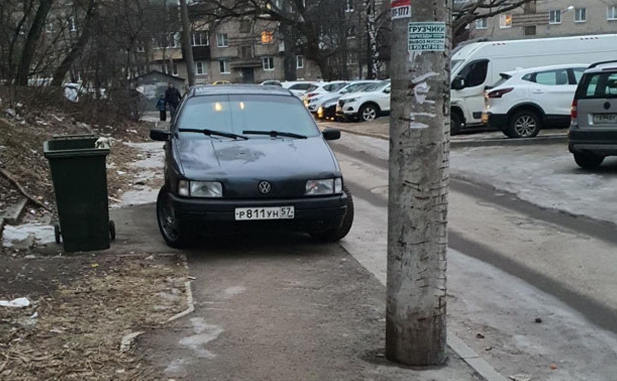 На ул. Братьев Жабровых в Туле водитель припарковался на тротуаре рядом с мусоркой