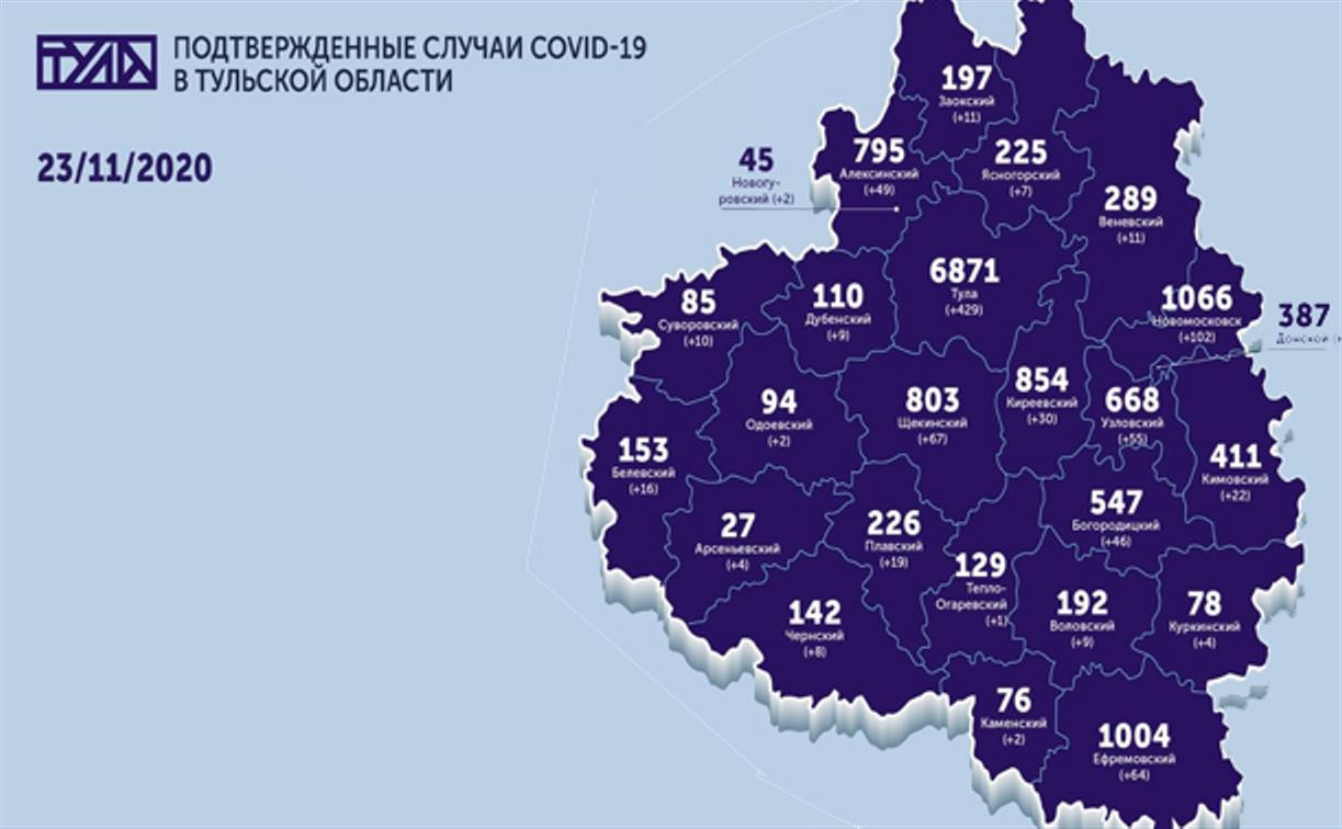 Самые зараженные районы Тульской области: карта на 23 ноября