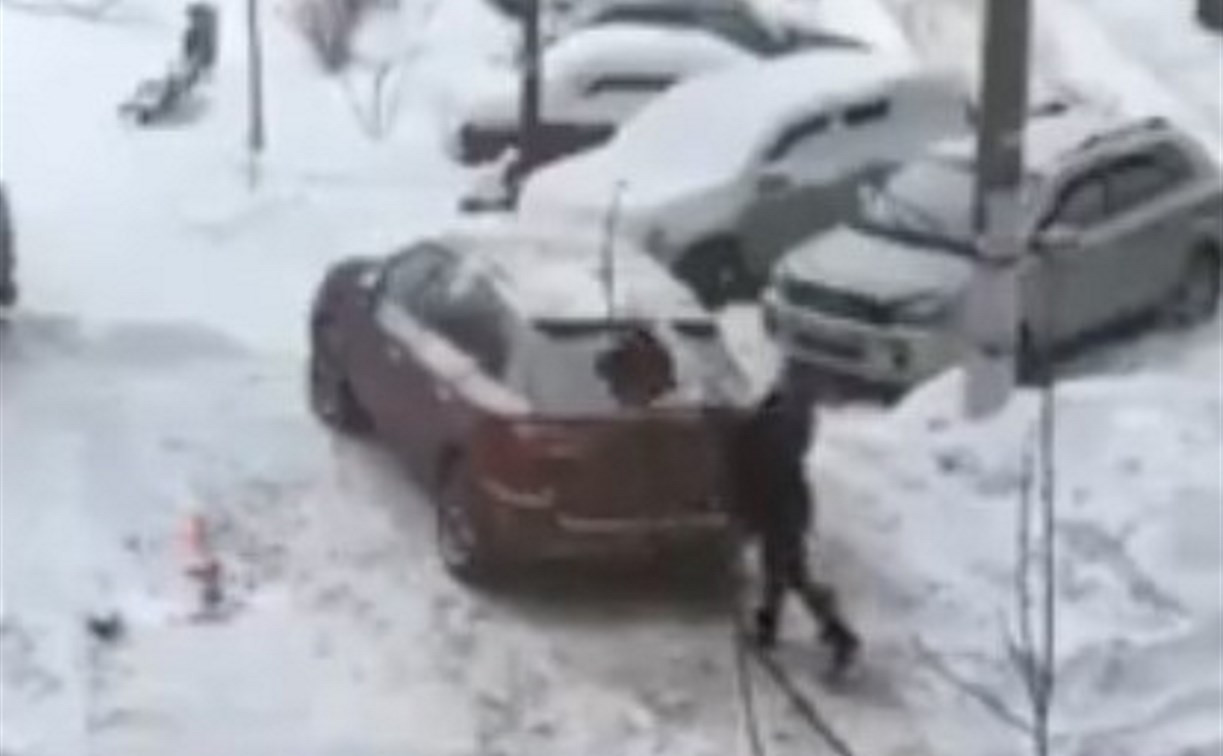 Тулячка засыпала снегом соседскую машину: видео