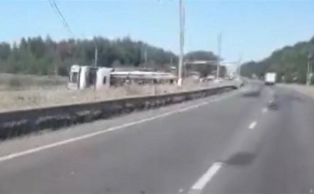 В Тульской области опрокинувшаяся фура перегородила дорогу: видео
