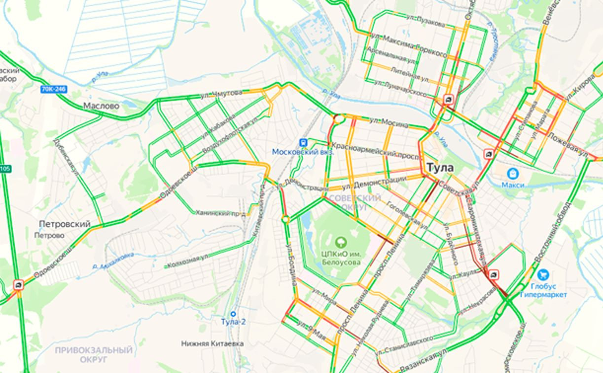 Утренние пробки в Туле: Яндекс показывает четыре ДТП на карте города