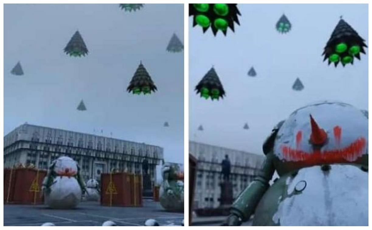 На площади Ленина появились снеговики-роботы и летающие елки: видео