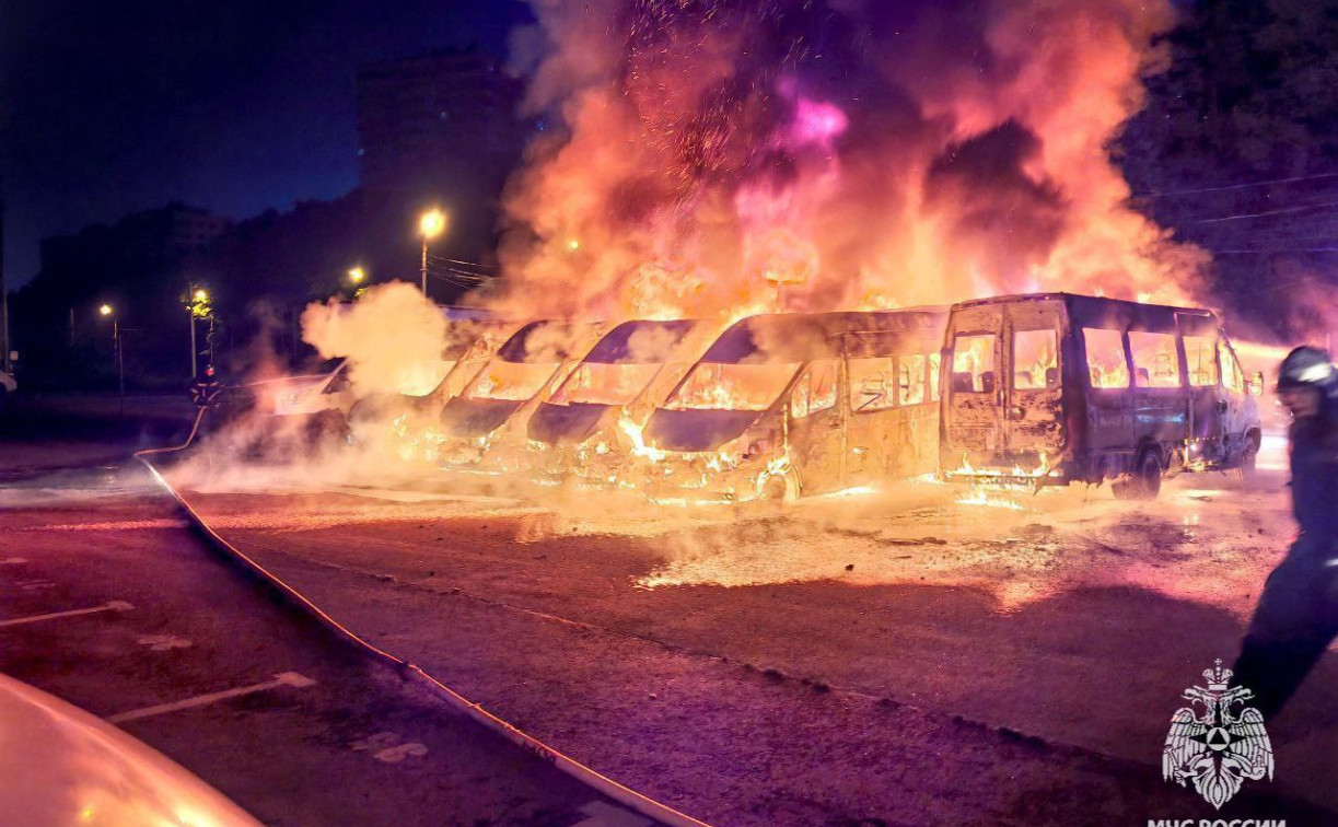В Левобережном загорелись 9 микроавтобусов и 2 легковушки