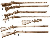 1 - русские самопалы XVI - XVII вв.; 2 - турецкое ружьё с ударно-кремниевым замком XVII - XVIII вв.; 3 - арабское ружьё XVII - XVIII вв.; 4 - русская ручная мортира, 1712 г.; 5 - русская фузея, 1723 г.; 6 - русская 6-линейная винтовка образца 1856 г., Фото: 2