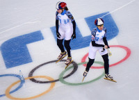 Слева направо: Баранок Екатерина и Татьяна Бородулина (Россия) на тренировке сборной по шорт-треку перед началом XXII зимних Олимпийских игр в Сочи., Фото: 4